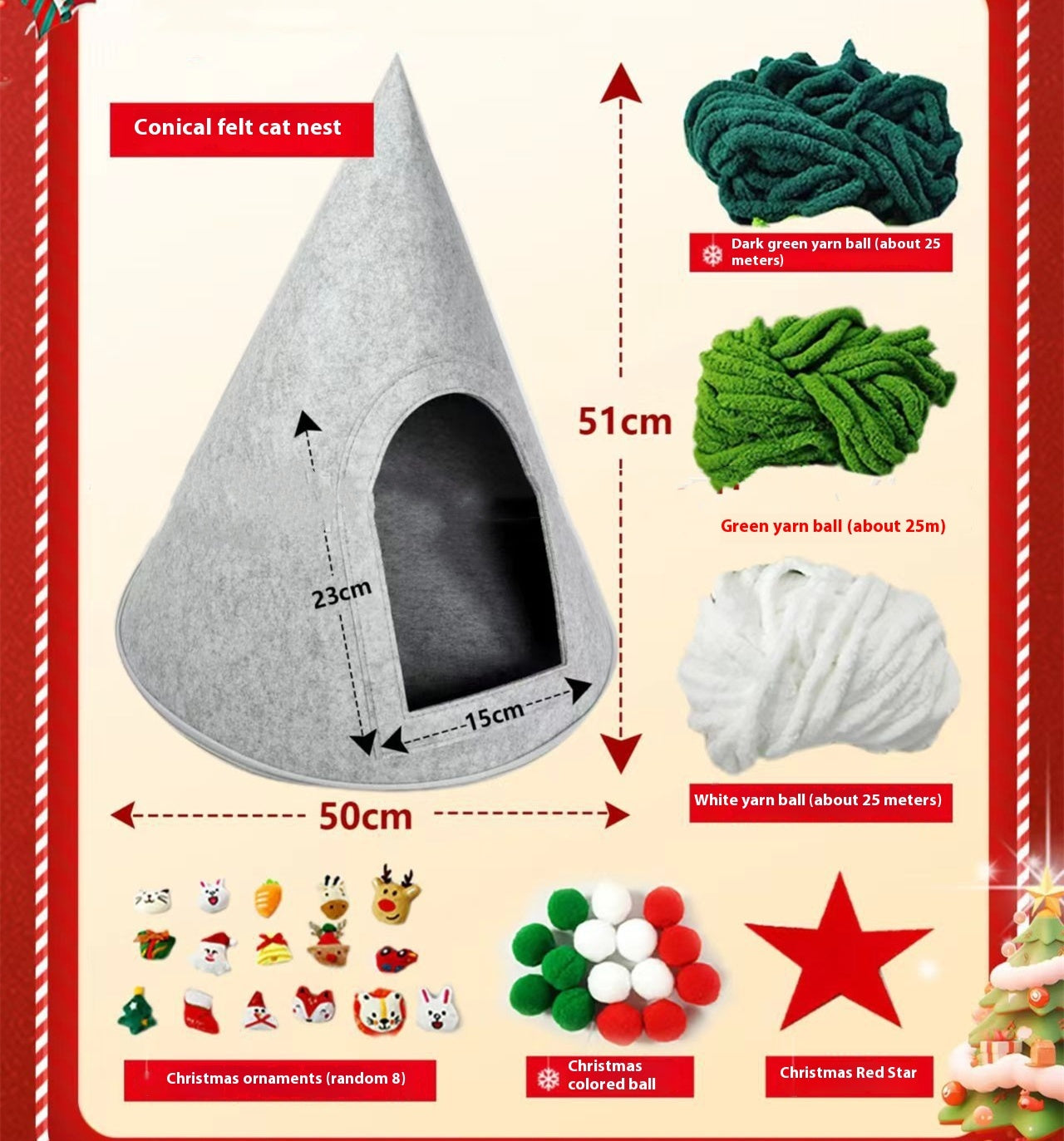 DIY materials for assembling the Christmas tree-shaped cat bed, including felt, yarn, and festive decorations.