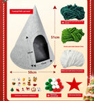 DIY materials for assembling the Christmas tree-shaped cat bed, including felt, yarn, and festive decorations.