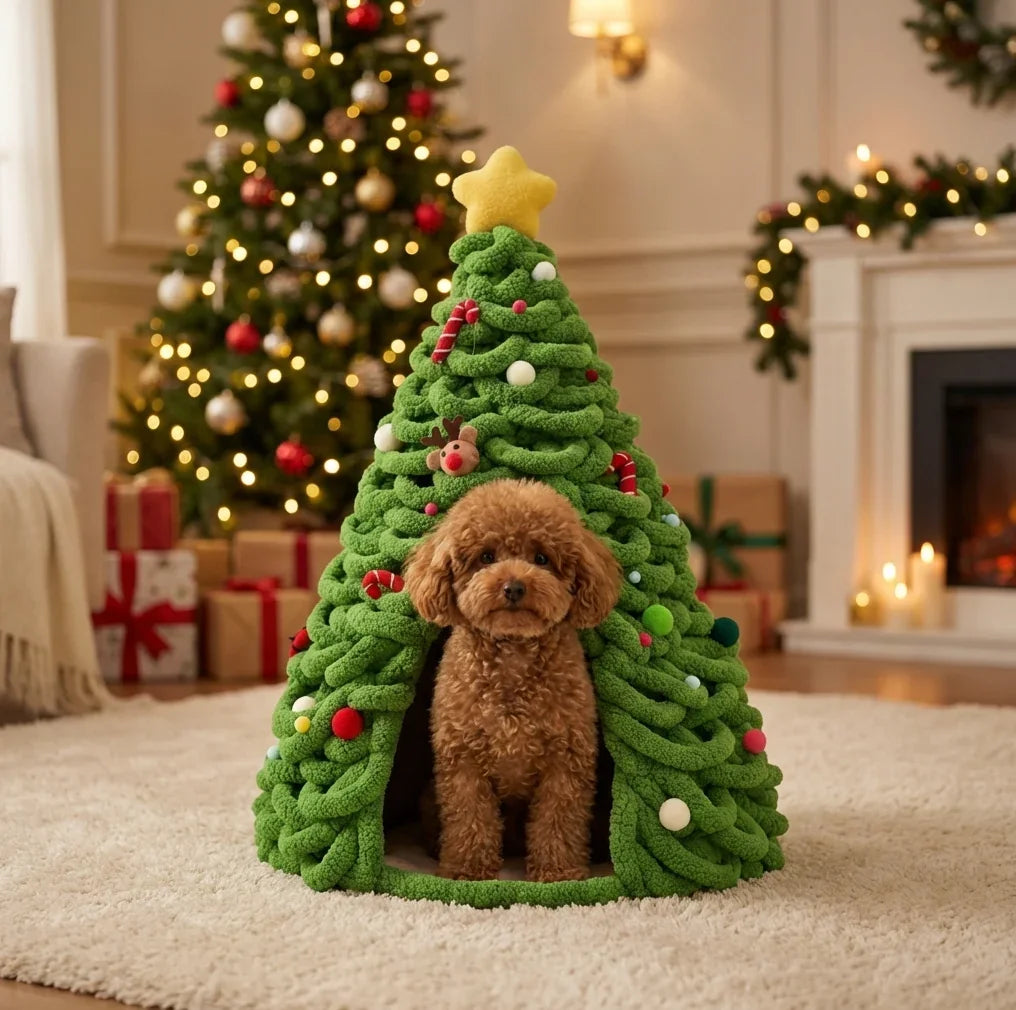 Cute puppy relaxing inside the Christmas Dog Bed surrounded by warm Christmas lights and festive home decor.