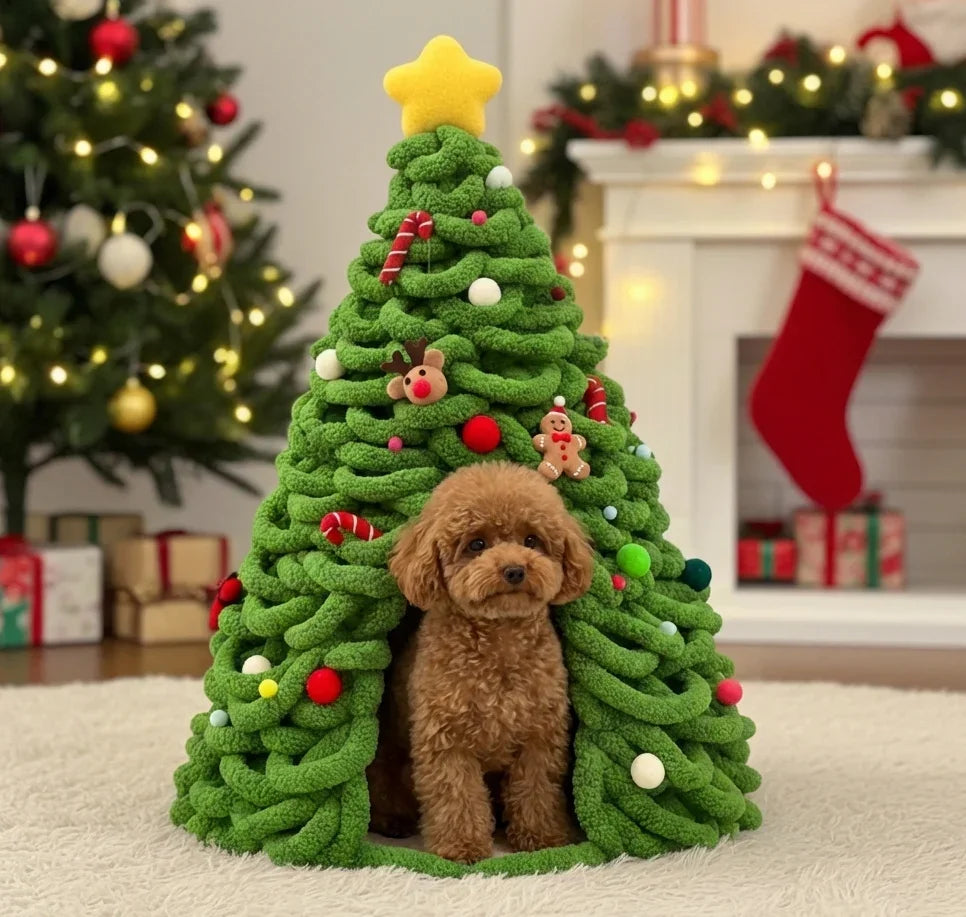 Mini poodle sitting inside the Christmas Dog Bed shaped like a Christmas tree, with warm holiday lights and festive decorations.