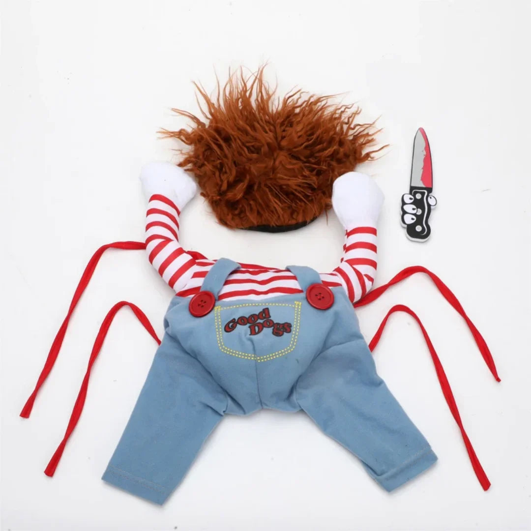 Full view of the Chucky costume with red-striped shirt, overalls, red buttons, and a red wig.