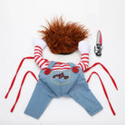 Full view of the Chucky costume with red-striped shirt, overalls, red buttons, and a red wig.