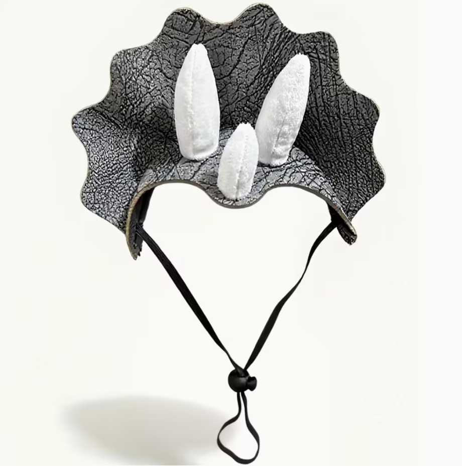 Gray dinosaur costume hat with white spikes on a white background