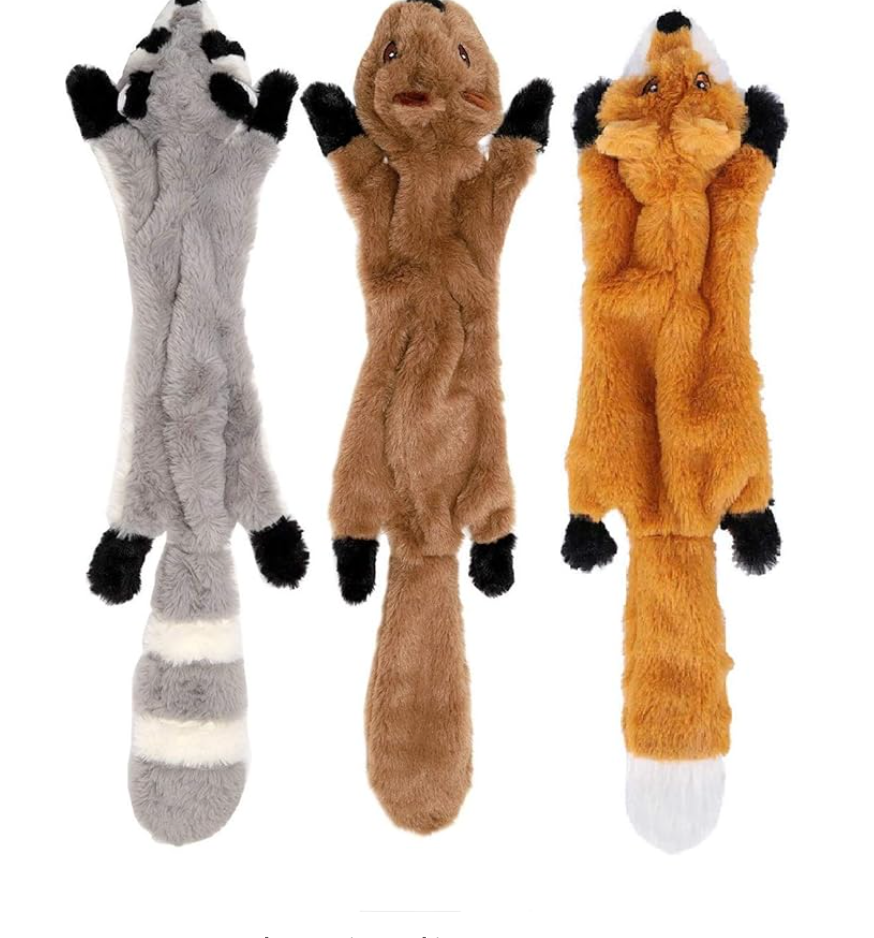 Squeaky dog toy set featuring raccoon, squirrel, and fox plush toys, ideal for engaging dogs in safe and interactive playtime.