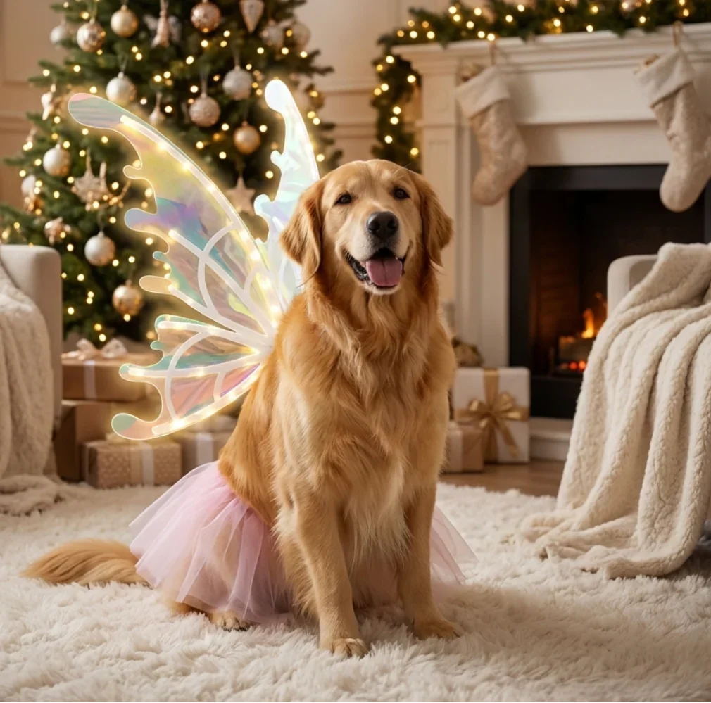 Golden Retriever wearing iridescent fairy wings and a pink tutu, sitting in a cozy Christmas living room with a decorated tree and warm fireplace.