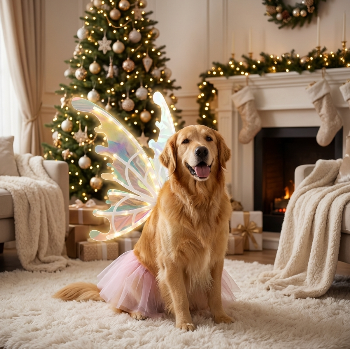 Golden Retriever wearing iridescent fairy wings and a pink tutu, sitting in a cozy Christmas living room with a decorated tree and a glowing fireplace.
