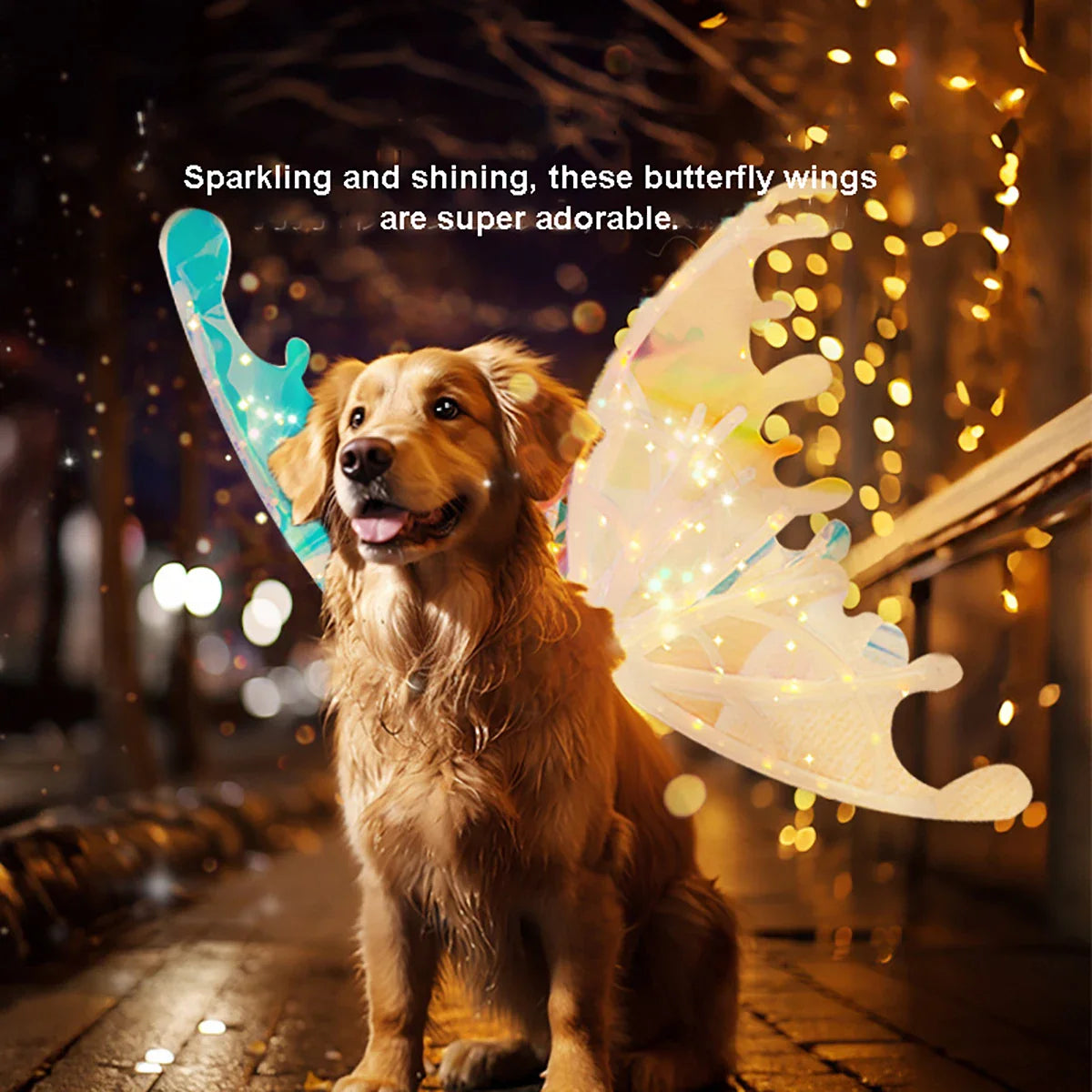 Golden Retriever with glowing butterfly wings at night, surrounded by sparkling lights.