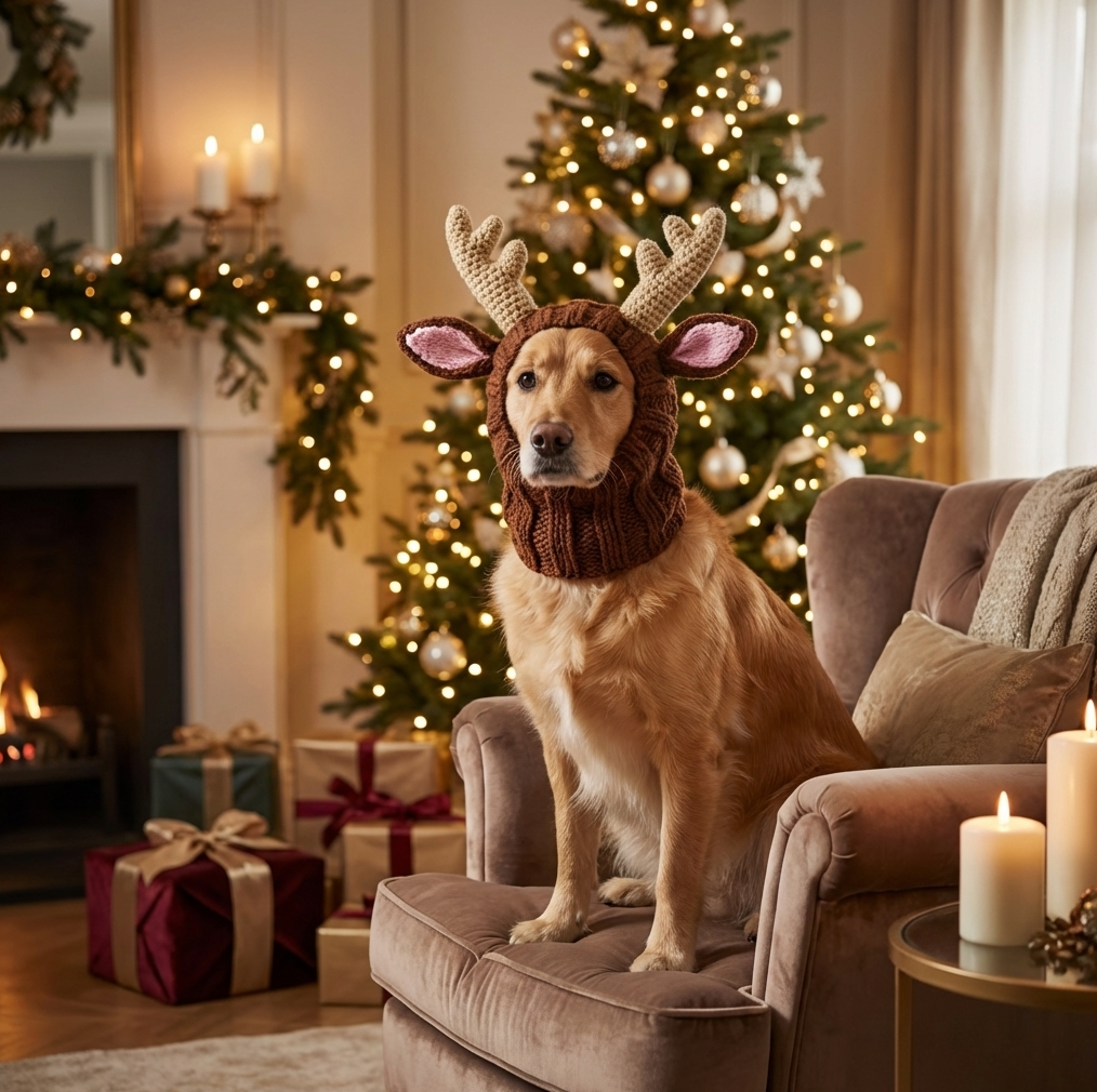 Golden Retriever in a reindeer costume sitting on a chair with Christmas tree and holiday décor behind.