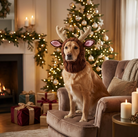 Golden Retriever in a reindeer costume sitting on a chair with Christmas tree and holiday décor behind.