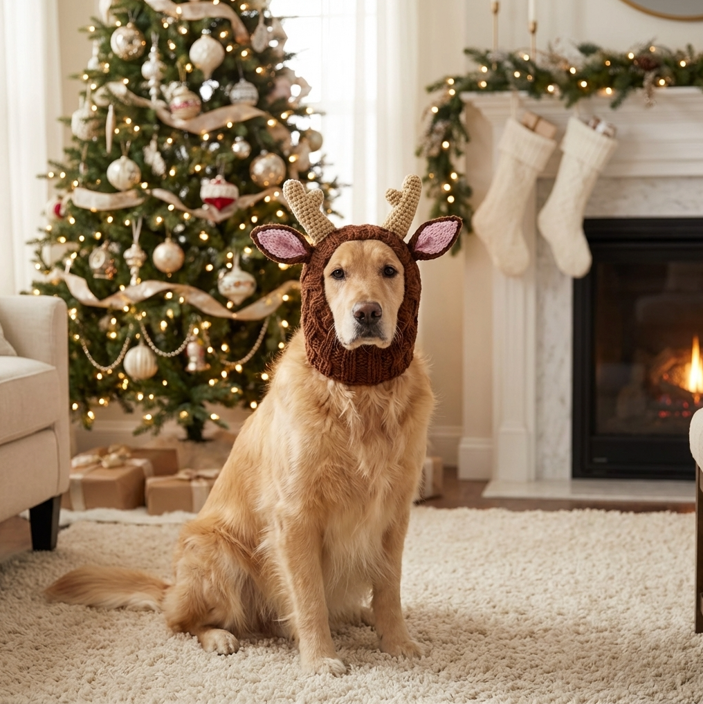 Golden Retriever wearing a knitted reindeer hood sitting in front of a Christmas tree and fireplace.