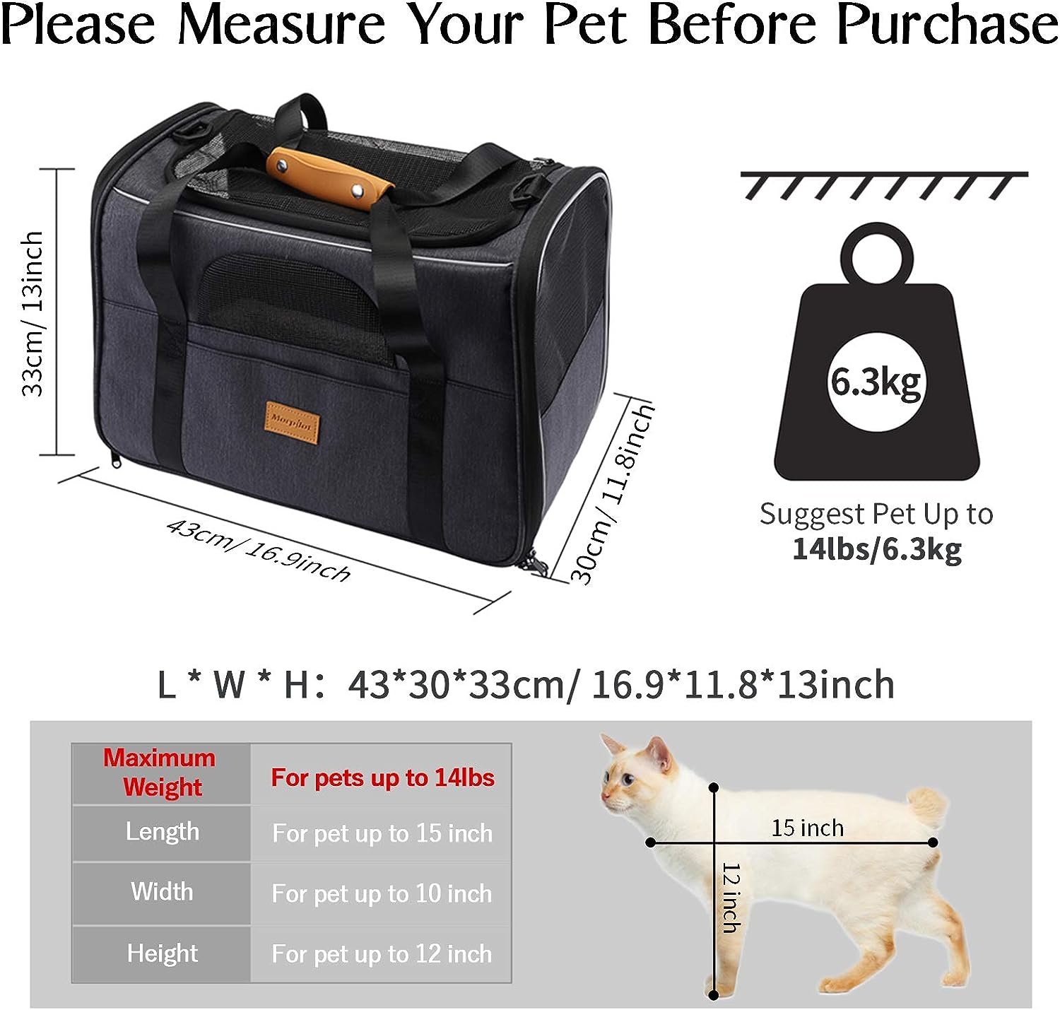 Size guide for HappinessPaws™ Cat Carrier, fits pets up to 14 lbs