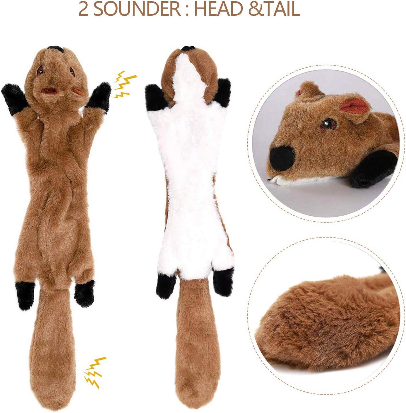 Hunting Prey Squeaky Dog Toys with head and tail squeakers in raccoon, squirrel, and fox designs, perfect for encouraging playful activity in dogs.