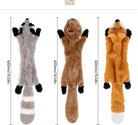 Size comparison of large squeaky plush dog toys—raccoon, squirrel, and fox—each measuring 16.5 inches, ideal for medium to large breeds