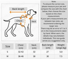 Size chart for pet costumes showing back length, chest, and neck measurements for different sizes.