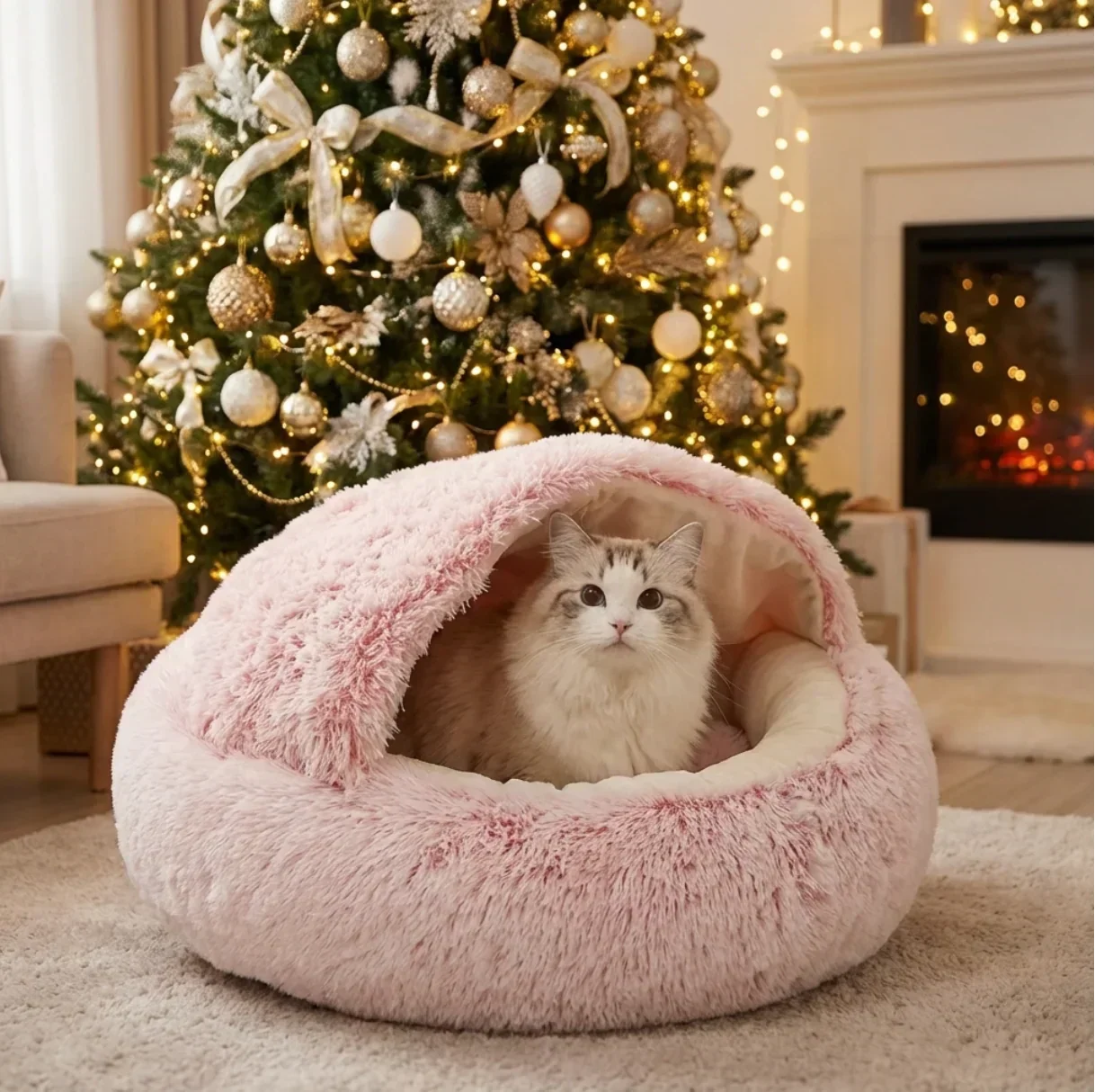 Cat resting inside a pink fluffy cozy cocoon bed in a warm Christmas living room with a decorated tree and fireplace