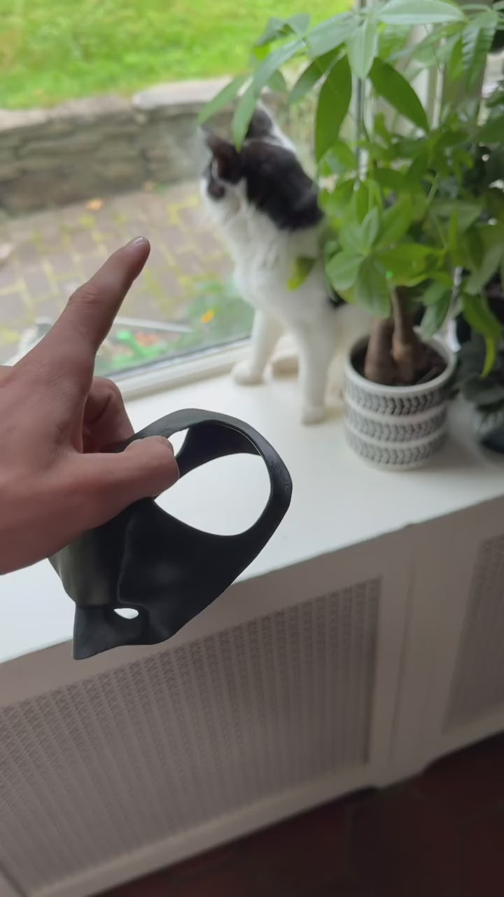 Video of a cat in the Batman mask, looking out the window, showcasing the mask’s popularity.