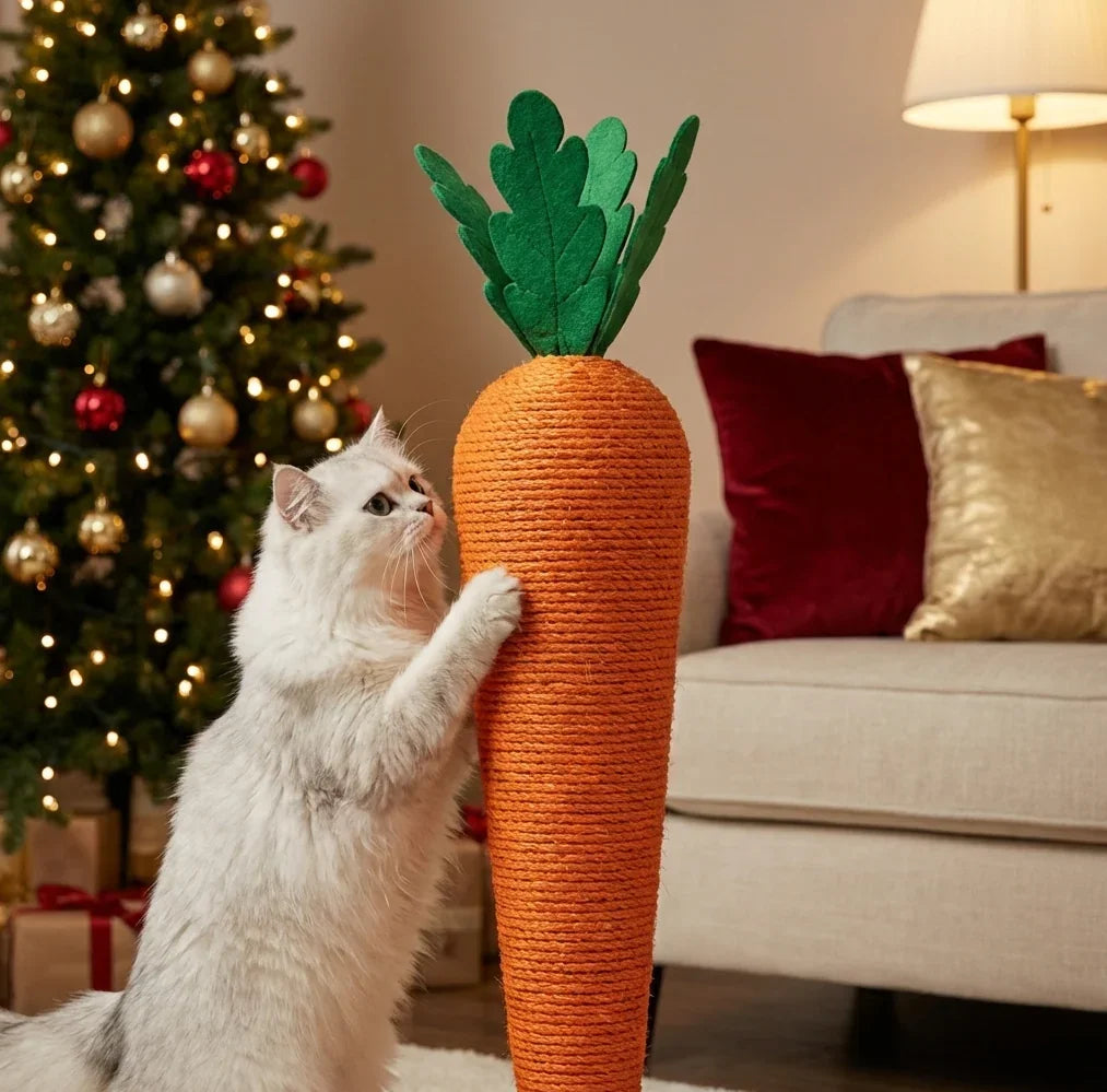 Cat playing with a carrot-shaped scratching post in a living room with a Christmas tree.