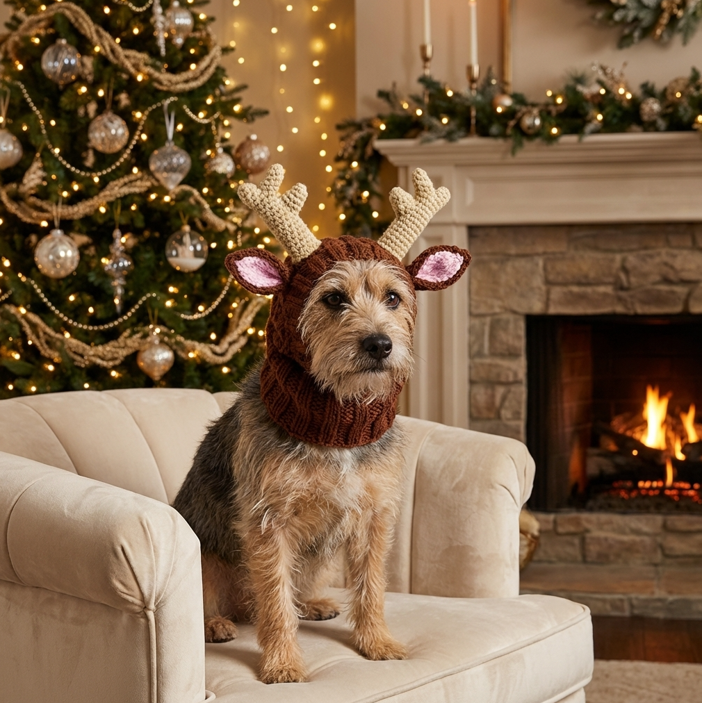 Small terrier dog sitting on a chair wearing a reindeer costume in front of a decorated Christmas tree.