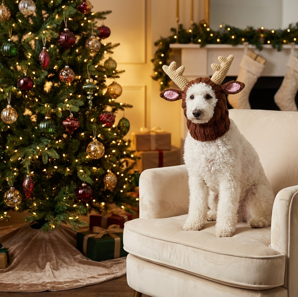 Curly white dog wearing a reindeer hood sitting on a beige chair next to a decorated Christmas tree.